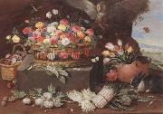 Jan Van Kessel Still life of various flwers in a basket,tulips in a copper pot hortensias,asparagi and artichokes laid out on the ground,together with an owl,butterf china oil painting artist